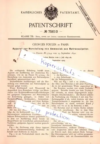 original Patent - Georges Fouler in Paris , 1893 , Apparat zur Herstellung von Ammoniak aus Natronsalpeter !!!