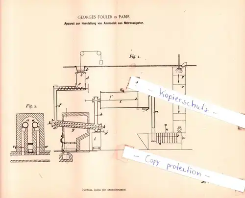 original Patent - Georges Fouler in Paris , 1893 , Apparat zur Herstellung von Ammoniak aus Natronsalpeter !!!