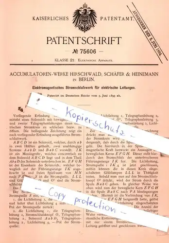 original Patent - Accumulatoren-Werke Hirschwald, Schäfer & Heinemann in Berlin , 1893 , Elektrische Apparate !!!