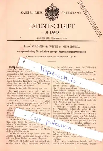 original Patent - Firma Wagner & Witte in Merseburg , 1892 , Eisenbahnbetrieb !!!