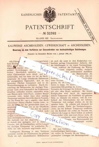 original Patent -  Kaliwerke Aschersleben, Gewerkschaft in Aschersleben , 1885 , Salinenwesen !!!