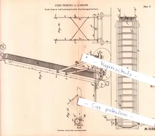 original Patent - John Friborg in London , 1884 , Fahrbare teleskopische Rettungsleiter !!!