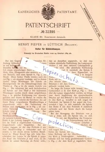 original Patent - Henry Pieper in Lüttich , Belgien , 1884 , Halter für Glühlichtlampen !!!