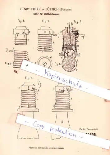 original Patent - Henry Pieper in Lüttich , Belgien , 1884 , Halter für Glühlichtlampen !!!