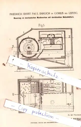 original Patent - F. E. P. Ehrlich in Gohlis bei Leipzig , 1884 , Musikalische Instrumente !!!