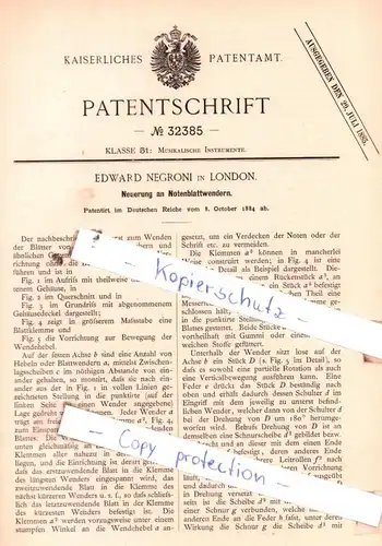 original Patent - Edward Negroni in London , 1884 , Neuerung an Notenblattwendern !!!