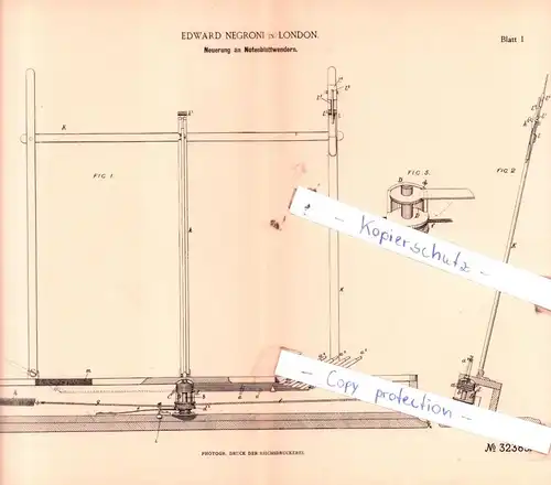 original Patent - Edward Negroni in London , 1884 , Neuerung an Notenblattwendern !!!