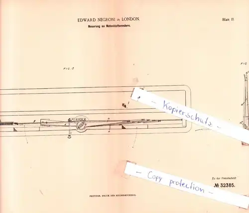 original Patent - Edward Negroni in London , 1884 , Neuerung an Notenblattwendern !!!