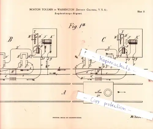 original Patent - Morton Toulmin in Washington , District Columbia, V. S. A. , 1884 , Zudeckungs-Signal !!!