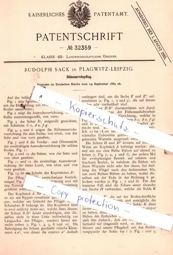 original Patent - Rudolph Sack in Plagwitz-Leipzig , 1884 , Rübenerntepflug !!!