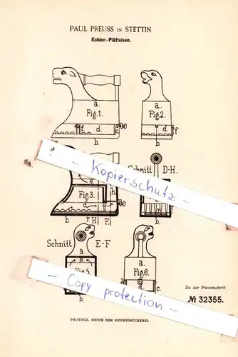 original Patent -  Paul Preuss in Stettin , 1885 , Kohlen-Plätteisen !!!