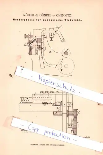 original Patent - Müller & Gündel in Chemnitz , 1885 , Musterpresse für Wirkstühle !!!