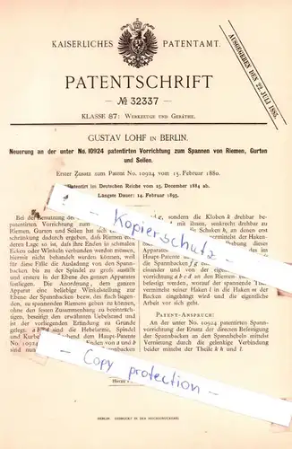 original Patent - Gustav Lohf in Berlin , 1880 , Neuerung an der Vorrichtung zum Spannen von Riemen !!!