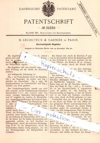 original Patent - H. Lecouteux & Garnier in Paris , 1884 , Geschwindigkeits-Regulator !!!