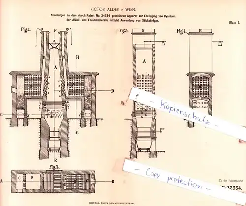 original Patent - Victor Alder in Wien , 1884 ,  Neuerungen an dem Apparat zur Erzeugung von Cyaniden !!!