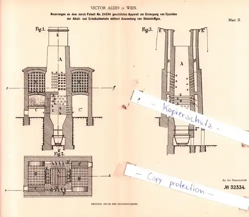 original Patent - Victor Alder in Wien , 1884 ,  Neuerungen an dem Apparat zur Erzeugung von Cyaniden !!!