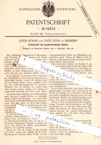 original Patent - Louis Kühne und Fritz Dürr in Dresden , 1884 , Trockenofen mit ununterbrochenem Betrieb !!!