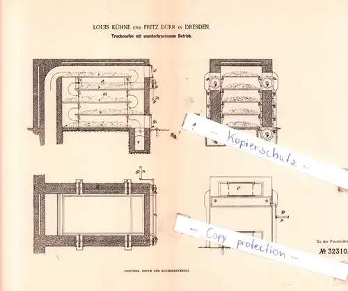 original Patent - Louis Kühne und Fritz Dürr in Dresden , 1884 , Trockenofen mit ununterbrochenem Betrieb !!!