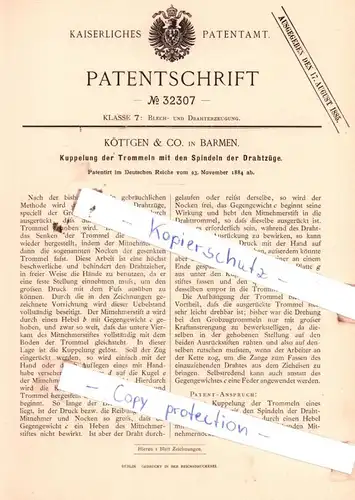 original Patent - Köttgen & Co. in Barmen , 1884 , Kuppelung der Trommeln mit den Spindeln der Drahtzüge !!!