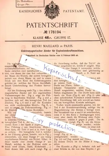 original Patent - Henri Maillard in Paris , 1905 ,  Elektromagnetischer Zünder für Explosionskraftmaschinen !!!