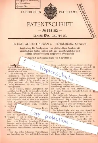 original Patent - Dr. Carl Albert Lindman in Helsingborg, Schweden , 1906 , Vorrichtung für Druckpressen !!!