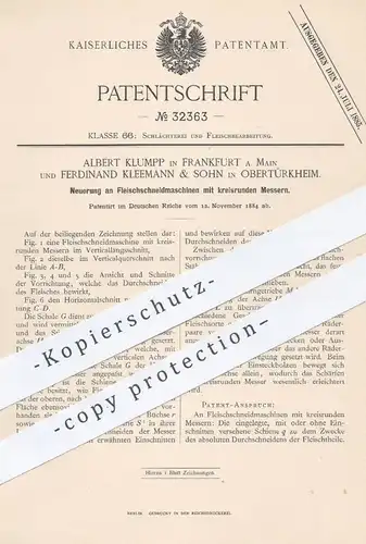 original Patent - Albert Klumpp , Frankfurt | Ferd. Kleemann & Sohn , Obertürkheim , 1884 , Fleisch - Schneidemaschinen