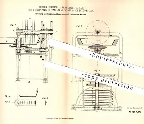 original Patent - Albert Klumpp , Frankfurt | Ferd. Kleemann & Sohn , Obertürkheim , 1884 , Fleisch - Schneidemaschinen