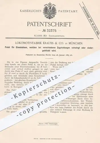 original Patent - Lokomotivfabrik Krauss & Co. , München , 1885 , Pedal für Eisenbahnen | Eisenbahn , Lokomotive !!