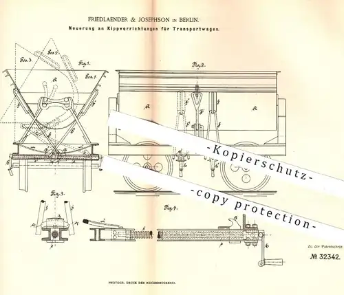original Patent - Friedlaender & Josephson , Berlin  1885 , Kippvorrichtung für Transportwagen | Eisenbahn , Eisenbahnen