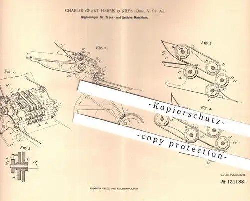 original Patent - Charles Grant Harris , Niles , Ohio USA , 1900 , Papier - Bogenanleger für Druckmaschinen | Druck !!