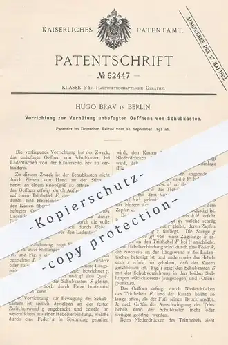 original Patent - Hugo Brav , Berlin , 1891 , Öffnung von Schubkasten per Fußhebel | Schubladen , Möbel , Schloss !!
