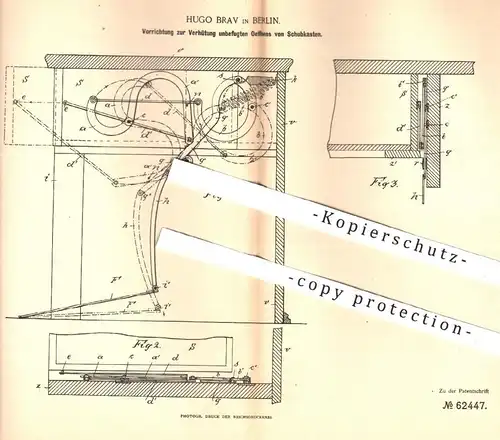 original Patent - Hugo Brav , Berlin , 1891 , Öffnung von Schubkasten per Fußhebel | Schubladen , Möbel , Schloss !!