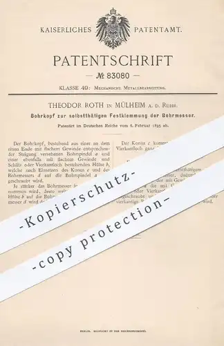 original Patent - Theodor Roth , Mülheim / Ruhr , 1895 , Bohrkopf für Bohrmesser | Bohrmaschine , Bohrer , Bohren !!!