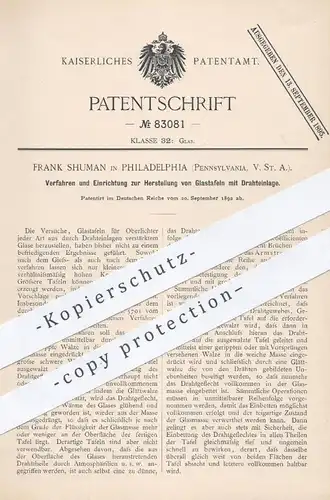 original Patent - Frank Shuman , Philadelphia , Pennsylvania , USA , 1892 , Glastafeln mit Drahteinlage | Glas , Glaser