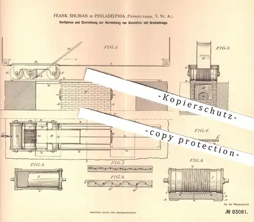 original Patent - Frank Shuman , Philadelphia , Pennsylvania , USA , 1892 , Glastafeln mit Drahteinlage | Glas , Glaser