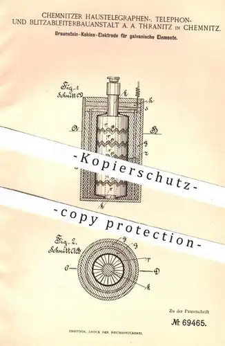 original Patent - Haustelegraphen-, Telefon- & Blitzableiterbauanstalt , Thranitz , Chemnitz 1892 , Kohlen - Elektrode