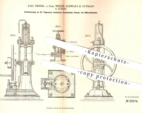 original Patent - Karl Wenner , Schwarz & Gutmann , Zürich , 1885 , Ventilsteuerung an Presse für Teigwaren | Bäcker !!