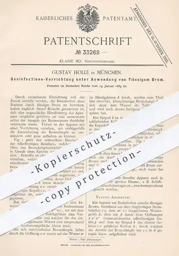 original Patent - Gustav Holle , München , 1885 , Desinfektion mit flüssigem Brom | Desinfizieren , Gesundheit , Medizin