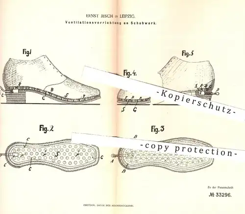 original Patent - Ernst Jesch , Leipzig , 1885 , Ventilation am Schuhwerk | Schuh , Schuhe , Schuster , Schuhmacher !!!