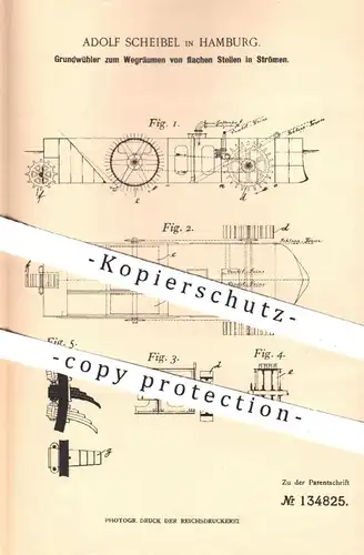 original Patent - Adolf Scheibel , Hamburg , 1901 , Grundwühler zum Wegräumen von flachen Stellen in Strom | Fluss !!