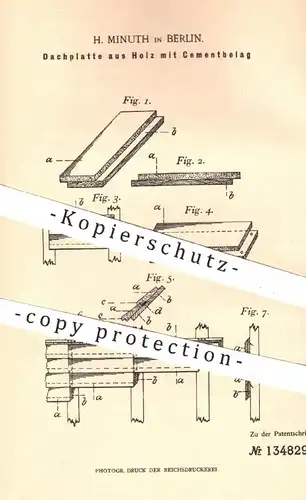 original Patent - H. Minuth , Berlin , 1902 , Dachplatte aus Holz mit Zementbelag | Dachdecker , Dach , Zement !!!