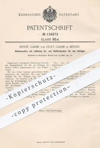 original Patent - Ernst u. Curt Garbe , Berlin , 1901 , Sichtmaschine mit seitlichen Zu- und Abführkanälen | Sichtgut