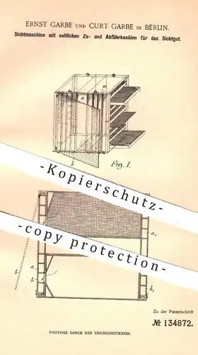 original Patent - Ernst u. Curt Garbe , Berlin , 1901 , Sichtmaschine mit seitlichen Zu- und Abführkanälen | Sichtgut