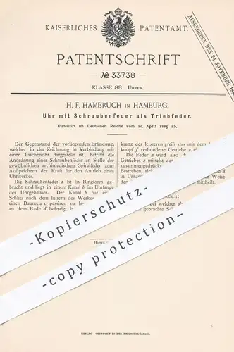 original Patent - H. F. Hambruch , Hamburg , 1885 , Uhr mit Schraubenfeder als Triebfeder | Uhren , Uhrwerk , Uhrmacher