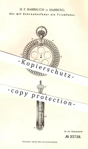 original Patent - H. F. Hambruch , Hamburg , 1885 , Uhr mit Schraubenfeder als Triebfeder | Uhren , Uhrwerk , Uhrmacher