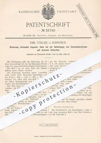 original Patent - Emil Tölcke , Elberfeld , 1885 , Befestigung von Eisenbahnschienen | Eisenbahn - Schienen , Schwellen