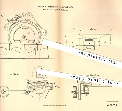 original Patent - Ludwig Fessmann , Augsburg , 1889 , Schleifvorrichtung für Deckelkarden | Schleifen , Polieren !!