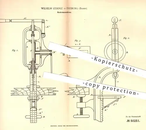 original Patent - Wilhelm Lederle , Freiburg , 1889 , Bohrmaschine | Bohrmaschinen , Bohren , Bohrer , Werkzeug , Metall