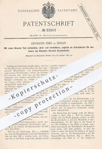 original Patent - Hermann Enes , Berlin , 1885 , mit Brenner verbundene Brandscheibe | Licht , Lampe , Beleuchtung !!!