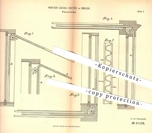 original Patent - Martin Georg , Berlin , 1887 , Panzerladen | Rolladen , Rollkasten , Fenster , Fensterladen , Rollo !!